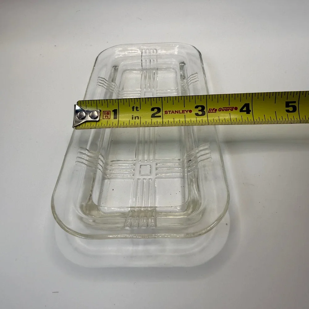 Vintage Clear Glass Butter Dish Tray Plaid Geometric Pressed Pattern